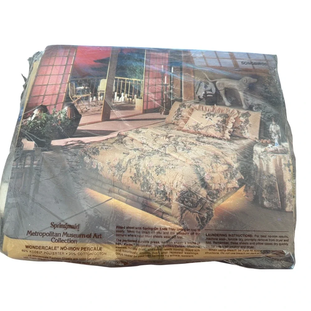Vintage Springmaid Songbirds Flat Sheet Chinoiserie Grandmillennial Botanical
